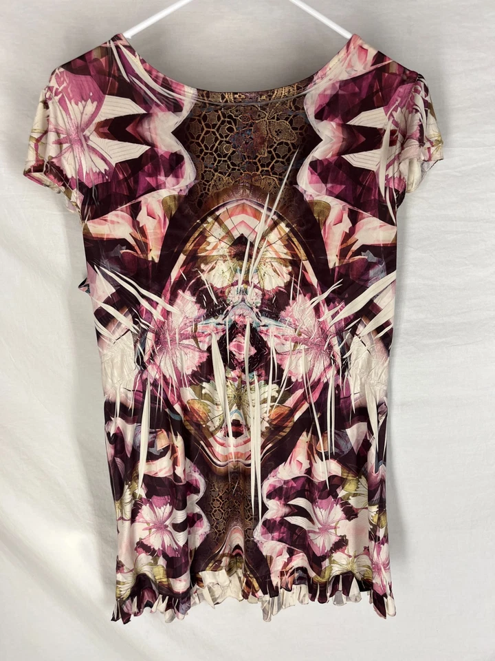 Top túnica boho ONE WORLD talla L elástico mangas cortas aleteadas bordado rosa Y2K Foto 4 de 4