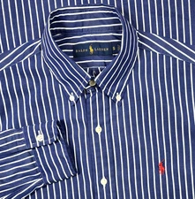 Ralph Lauren Polo Long Sleeve Shirt Mens S Blue Stripe Red Pony Poplin Bengal
