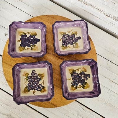 Set Of 4 Mini Hand Painted Dipping Bowls Plates Purple Grapes Merlot  4  in  sq