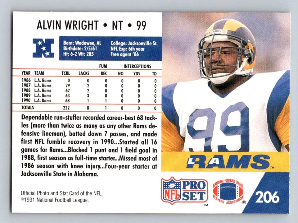 1991 Pro Set Alvin Wright #206 Los Angeles Rams - Image 2 of 2