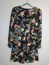 LOFT Dress Womens 4 Black Short Shift Floral Long Sleeve Round Neck Zip