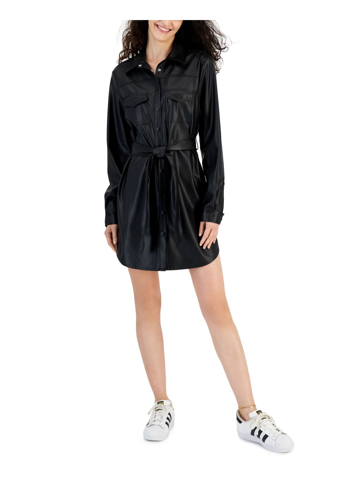 KIT + SKY Womens Shirt Dress Black Snap Front Curved Hem Juniors XS