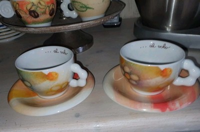2 Cappuccinotassen mit Untertasse Thun Bozen caffé ...al volo Blüten 