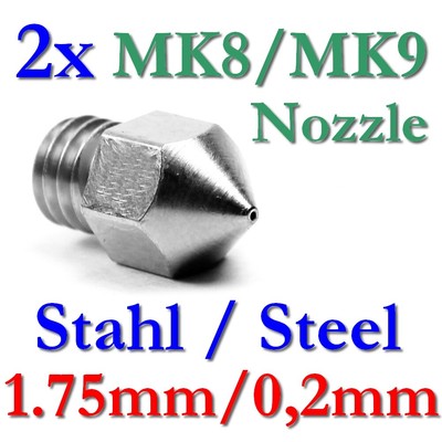 2x MK8 MK9 0,2mm Edelstahl Stahl Düse Nozzle Makerbot RepRap Flashforge Wanhao