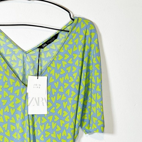 Zara Fit & Flare Knee Length Dress Blue & Green Heart Print Short Sleeve Size XL - Picture 5 of 12