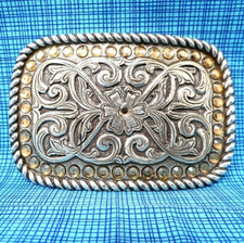 Classic Western Belt Buckle Cowboy Cowgirl Scroll Crystals Vintage 80s  .CPA071