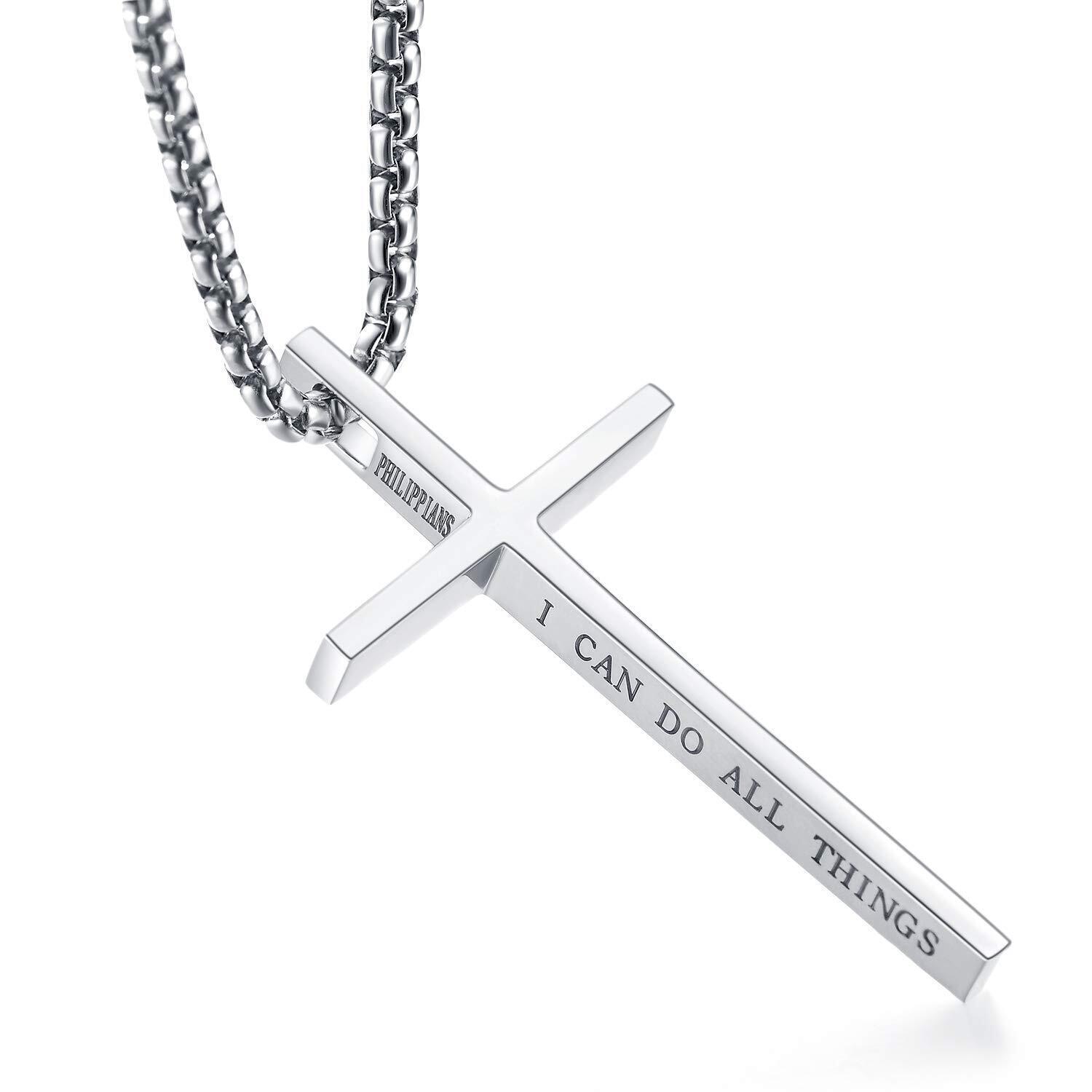Men Women Cross Necklace Boy Stainless Steel Christian STRENGTH Pendant Chain