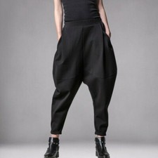 Lady Harem Pants Loose Trousers Elastic Waist Drop Crotch Baggy Long Black Soft