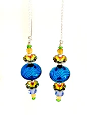 *IAJ* Multi-Colored Blue Hand Blown Glass Sterling Silver  Ear Threader Earrings