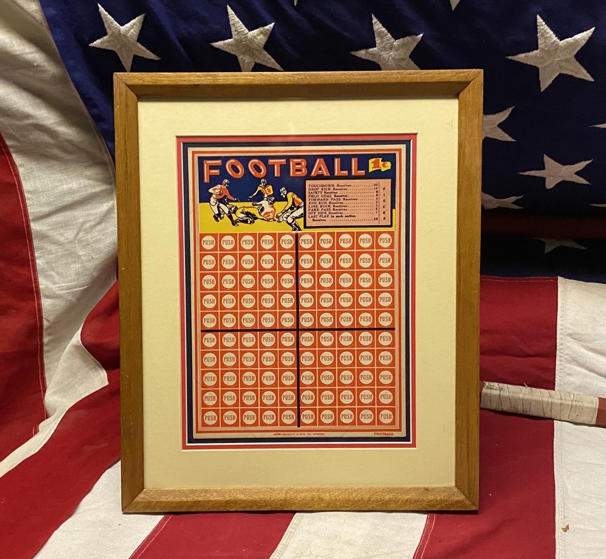Vintage 1930s Football Punch Card Game 1 Cent Unpunched Framed