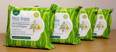 4 x 25 SPA Tea Tree Peppermint Oil Cleansing Facial Wipes Makeup Mascara Remover