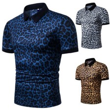 Mens Leopard Print Short Sleeve T-shirt Turn Down Collared Tee Shirt Blouse