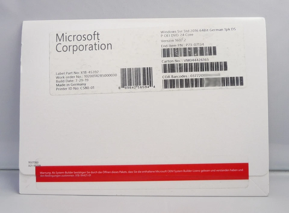 Microsoft Windows Server 2016 Standard - SB/OEM-Vollversion mit DVD -24 Core-NEU