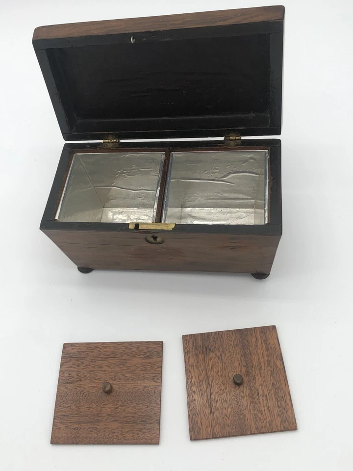Tea Caddy Wood Tea Caddy Sarcophagus Shaped Double Compartments Vtg - Image 3 of 4