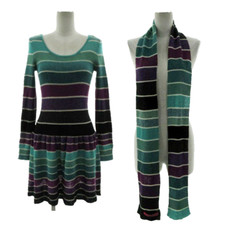 DOLLY GIRL BY ANNA SUI Dress Knit U Neck Scarf Long Sleeve Knee Length Wool