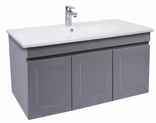 HAMPTON MATTE GREY 900MM WALL HUNG BATHROOM VANITY CABINET STONE/CERAMIC TOP - Picture 3 of 23