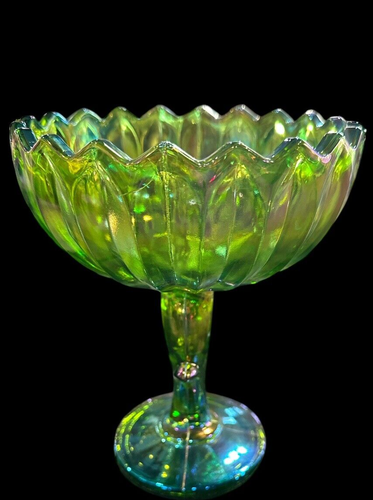 Vintage Green Carnival Glass Tulip Lotus Blossom Tall Footed Compote - Picture 5 of 7