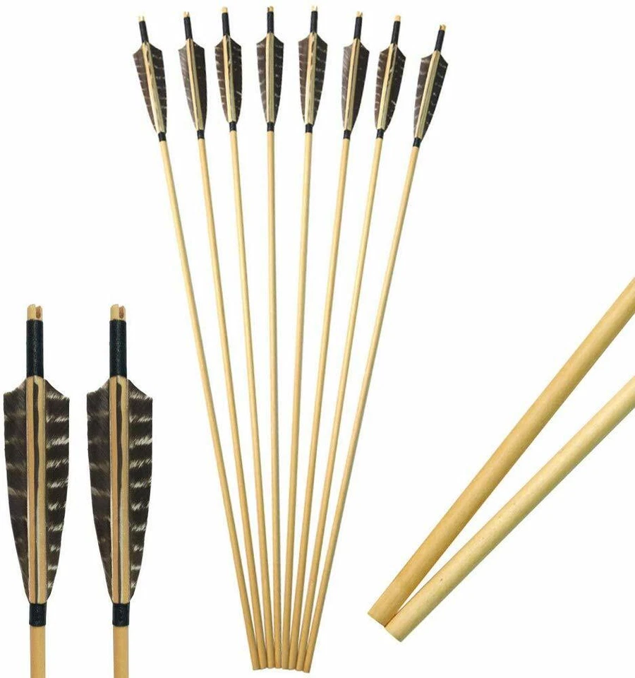 31" Wooden Arrow 5" Turkey Feather Archery Recurve Bow Longbow Hunting Shooting - Image 3 of 4