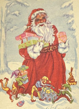 Chubby Santa Snowy Wood Elves Wrap Gifts NORWEGIAN Merry Christmas Postcard