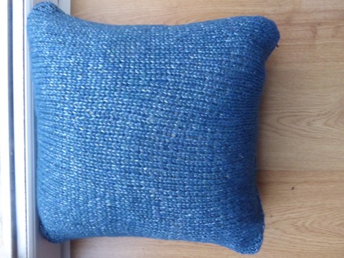 Hand knitted home made Blue Knitted (plain stitch) Cushion with pad insert