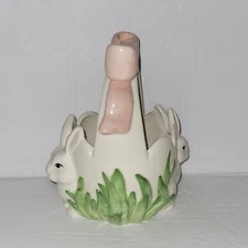 Ceramic Bunny Basket Double Sided Green White Pink