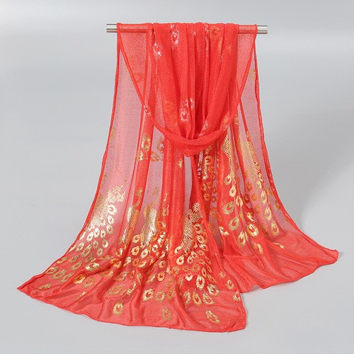 Women Gold Peacock Print Wrap Shawl Chiffon Long Scarves Glitter Thin Muffler* - Picture 17 of 41