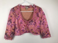 Elevenses Women’s Silk Blazer Size 2 Jacket Pom Poms 3/4 Sleeves Pink Floral