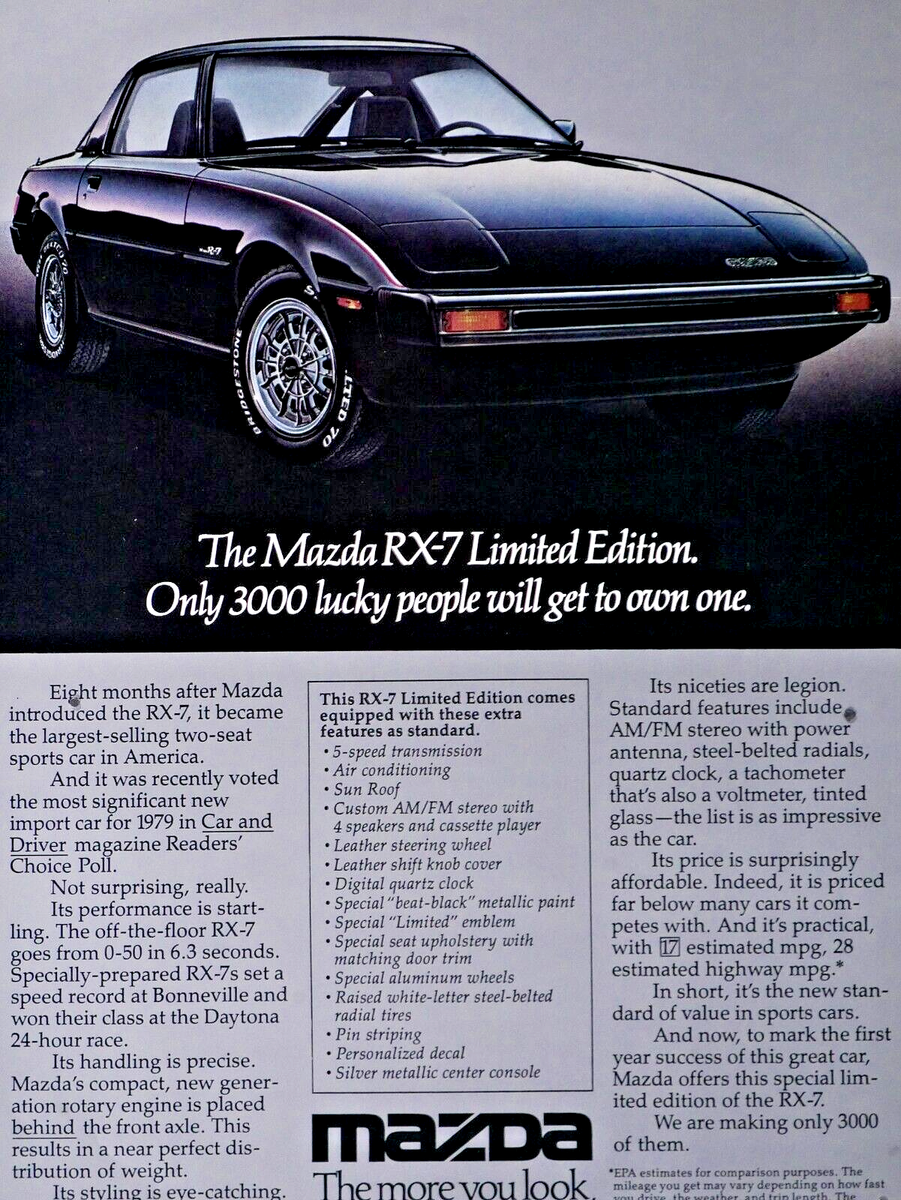 1979 Mazda RX 7 LE Vintage Black Original Magazine Print Ad