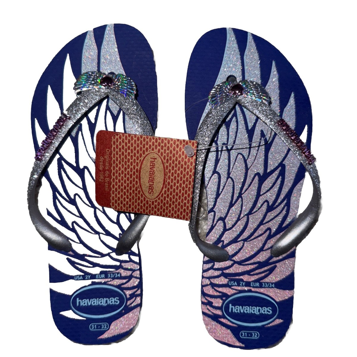 Havaianas Girls Flip Flops Heart Blue Sandals Angel Wings Kids