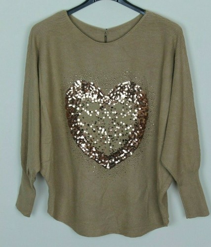 New Ladies Lagenlook Sequin Heart Design Batwing Sleeve Comfy Ribbed Knit Jumper - Picture 13 of 17