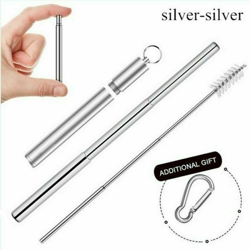 Stainless Steel Foldable Collapsible Drink Straw With Brush In a Keyring Case - Picture 7 of 20
