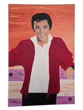 Elvis Presley Oil on Canvas Hand-Painted Portrait Signed Folk Art Large 36x24