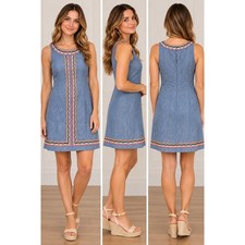 Talbots Blue Linen Cotton Embroidered Scallop Shift Dress 10 IN5250
