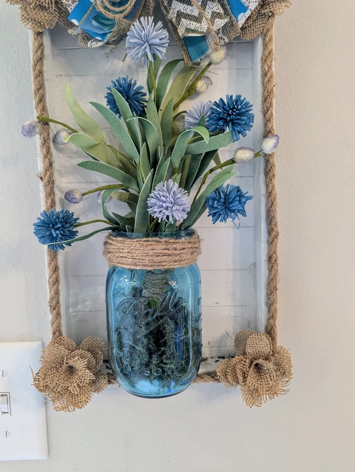 Rustic Blue Mason Jar Wood Wall Sconce Shabby Chic Cottage Farmhouse - Image 2 of 4