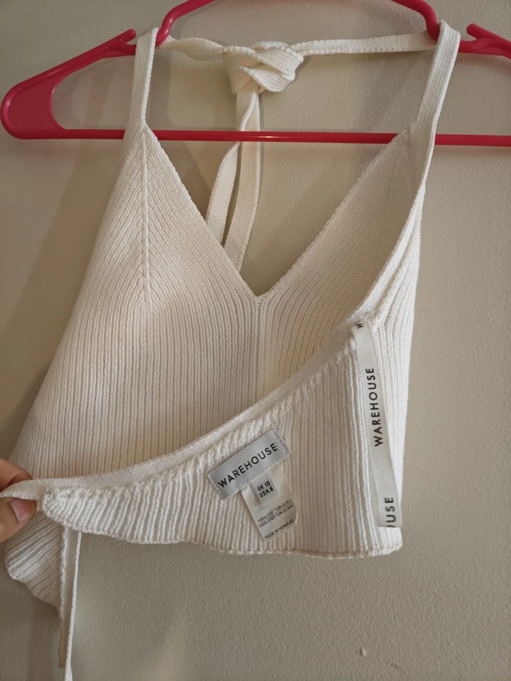 WareHouse Women's Tie Up Halter Top White Crop Size Rib Knit Cotton Shirt V Neck - Image 4 of 4