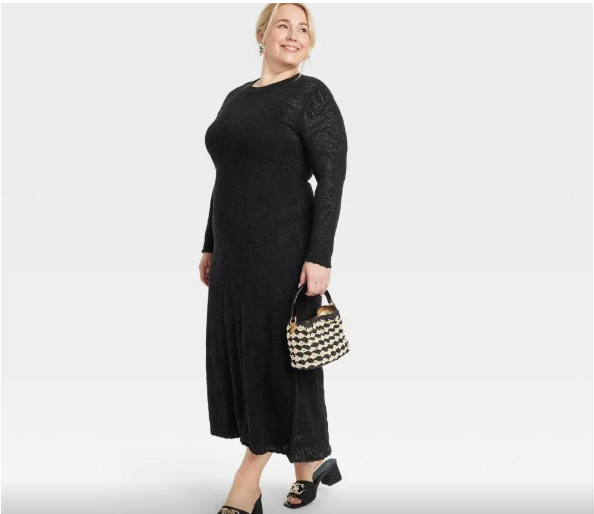 Women's Long Sleeve Maxi Pointelle Dress - A New Day Black XXL