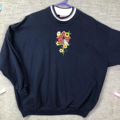 Vintage Birdhouse Sunflower Shirt Womens 3X Blue Embroidered Birds Top