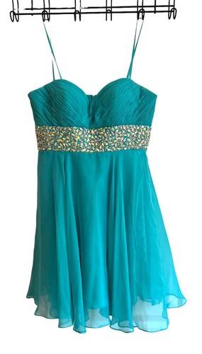 Teal Chiffon Party Dress With Beaded Waist & Spaghetti Straps By Dave & Johnny S