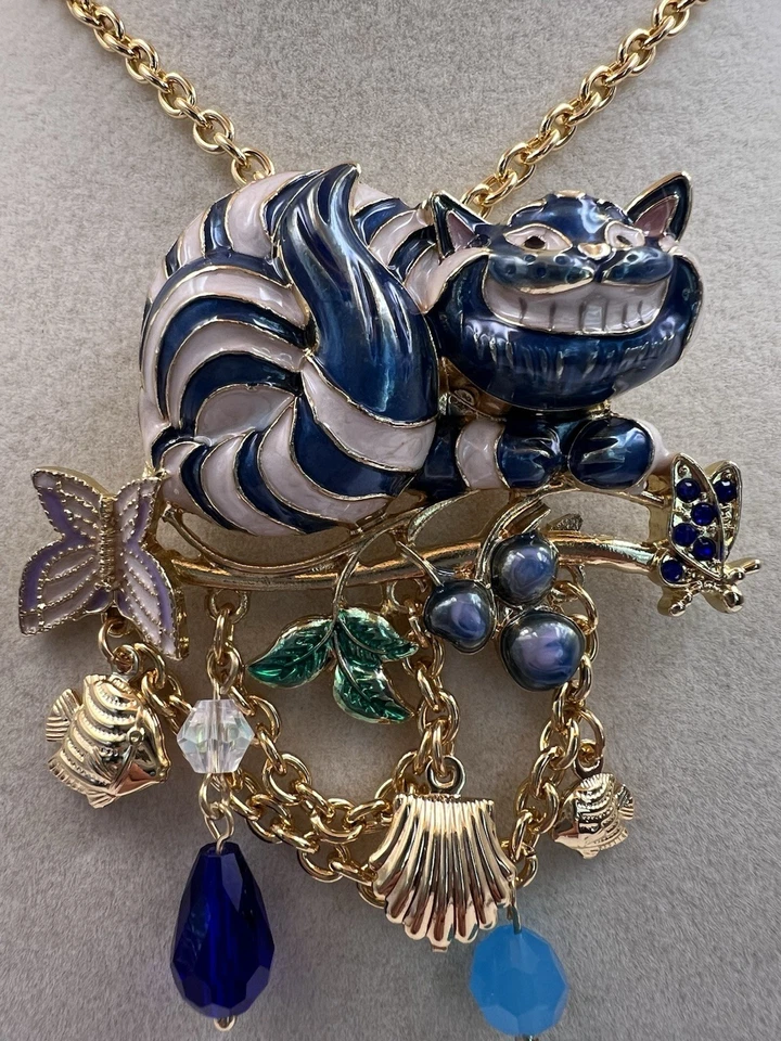 Signed RARE Blue Cheshire Cat Alice in Wonderland Necklace Brooch New Whimsical - Image 3 of 4