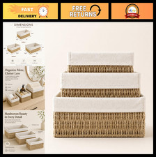 Set of 3 Large Wicker Storage Baskets with Removable Linen Liner for Organizing