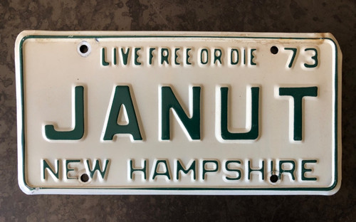 Vanity Plate 1973 "JANUT" New Hampshire. "Live Free or Misspell" **Clean**