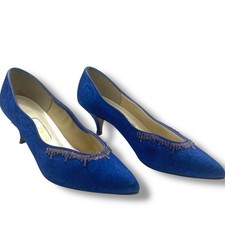 Dyeables Blue Satin Swirl Heels Beaded Pumps Pointed Toe USA Womens 9