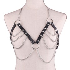 Lady Faux Leather Strap Chain Body Harness Waist Belt Corset Halter Bra Black