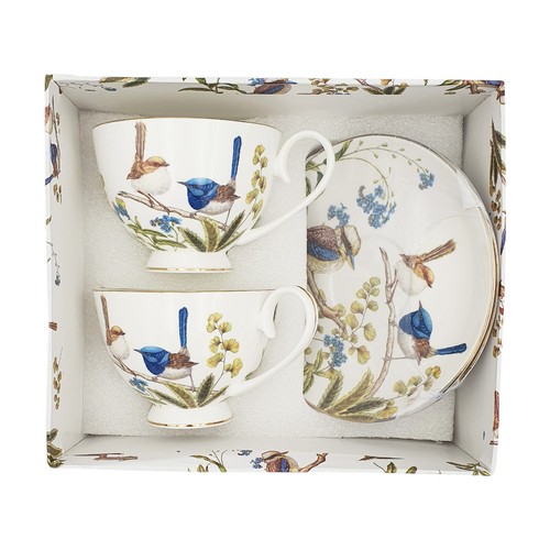 Set of 2 Cups and Saucers 250cc Australian Birds Fine Bone China w Gift Box