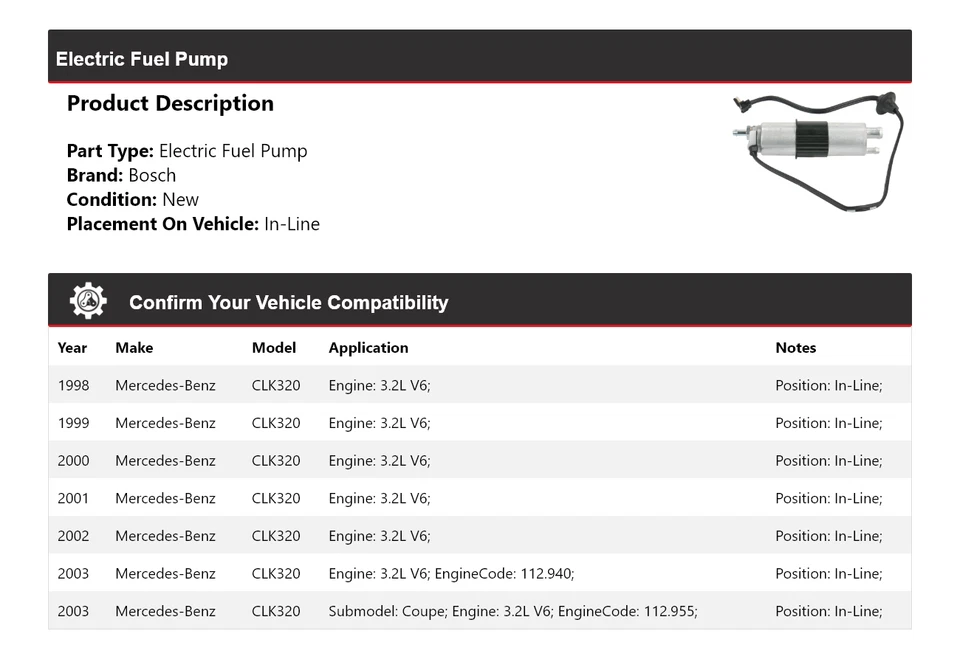 Bomba de combustible eléctrica en línea para Mercedes CLK320 1998-2003 3,2 L V6 Bosch 1999 2000 Foto 2 de 4