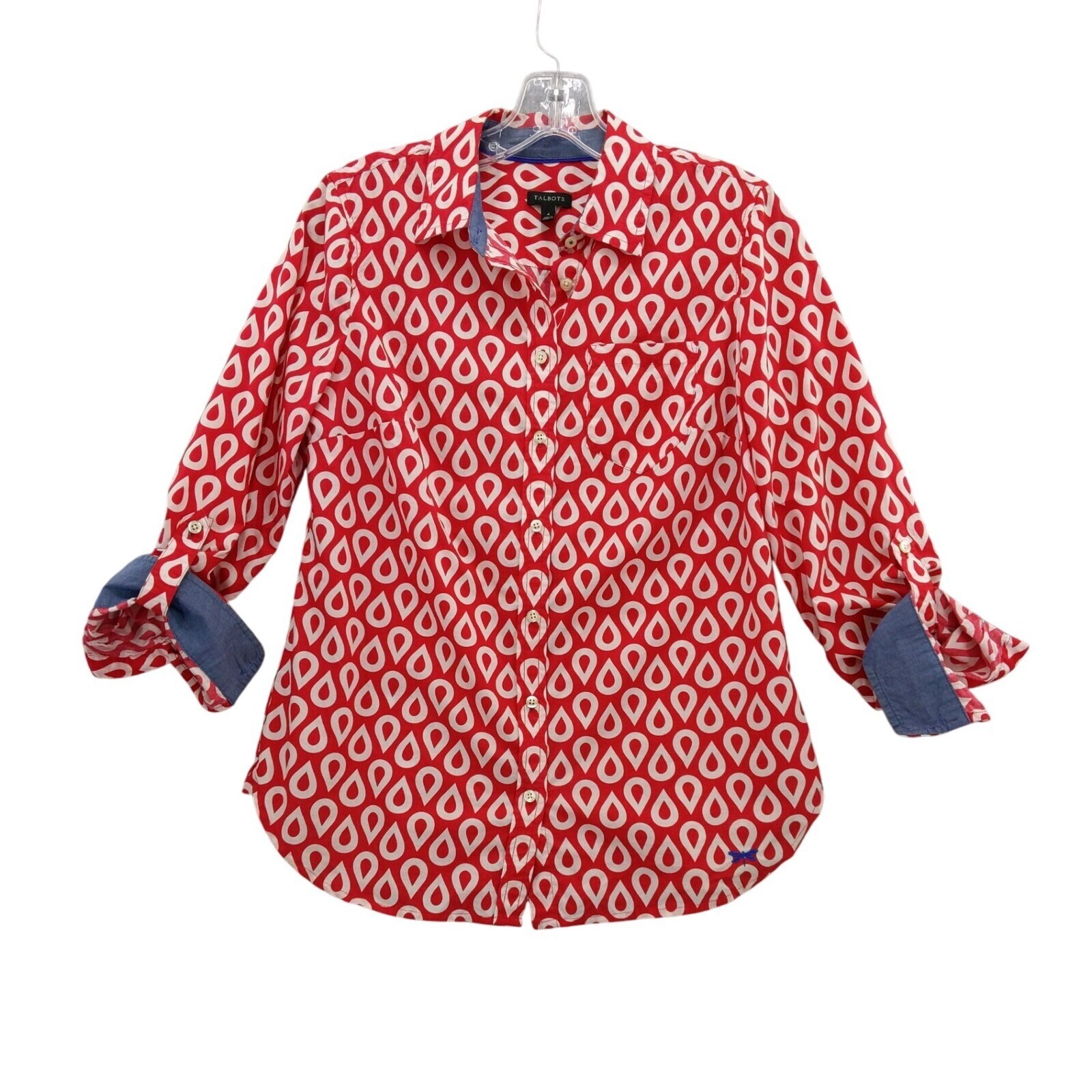 Talbots Button Down Shirt Roll Tab Sleeve Print Cotton Top Red White Size 4