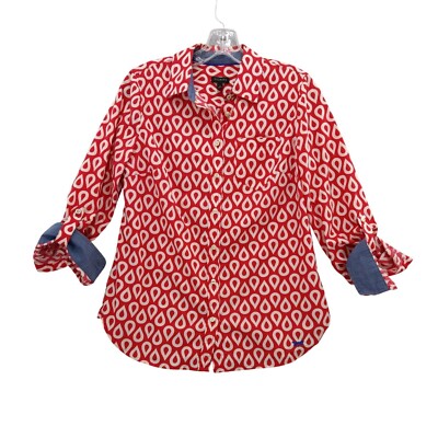 Talbots Button Down Shirt Roll Tab Sleeve Print Cotton Top Red White Size 4