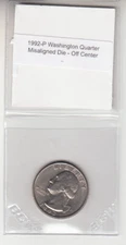 1992-P Philadelphia Washington Quarter Misaligned Die Variety Error Off Center