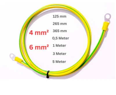 MPS-CONTACT Erdungskabel Erdungsleitung 4mm² 6mm² Grün-Gelb mit Ringkabelschuh isoliert M6