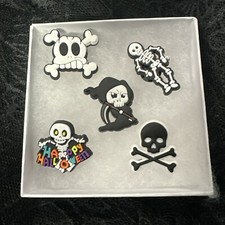 5 Halloween Themed Skeleton Croc Style Shoe Charms In Gift Box.